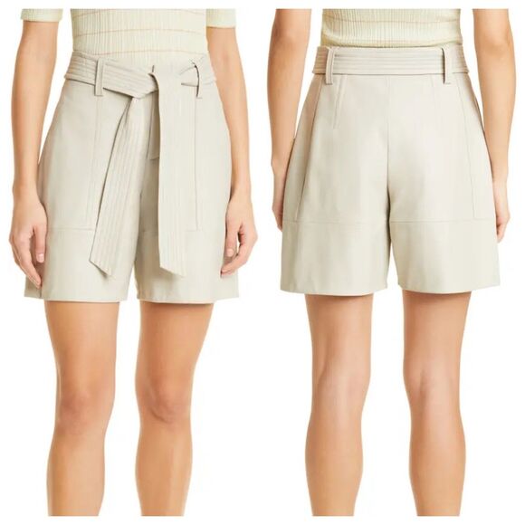VINCE Womens 100% Lamb Leather Belted Shorts Size 12 In Light Dove New NWT - Picture 3 of 16